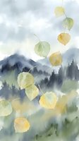 Watercolor autumn aspen leaves falling against misty mountain landscape with soft clouds and forest silhouettes in gentle yellow and green tones.