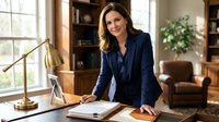 Middle-aged woman with shoulder-length brown hair and light complexion, wearing a dark navy blazer, standing at a wooden desk in a modern office with brass lamp and notebook, professional business environment.