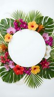 Tropical flowers and palm leaves frame white circle on light background for summer design projects and vacation marketing materials.