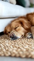 Sleeping golden retriever dog lying on beige carpet, close-up portrait showing peaceful expression and soft fur. Cozy home atmosphere for pet care concepts.
