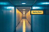 Long empty corridor with turquoise walls and fluorescent lighting leading to meeting room sign in yellow, creating dramatic perspective and modern office atmosphere.