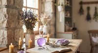 Rustic spa wellness setup with lavender flowers, essential oil bottles, candles and crystals on wooden table in cozy stone interior for relaxation.