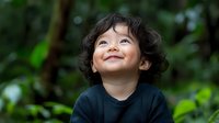 Joyful Asian child with curly black hair looking up with genuine smile outdoors in nature setting, expressing pure happiness and wonder against green foliage background.