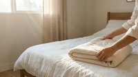Housekeeper placing fresh folded towels on clean white bed in bright hotel room with natural sunlight streaming through window curtains.