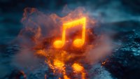 Glowing musical note symbol emerging from fiery flames and smoke with dramatic lighting effects on dark surface for creative projects.