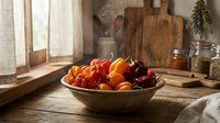 Fresh colorful tomatoes in rustic wooden bowl on farmhouse kitchen counter with natural sunlight streaming through window creating warm cooking atmosphere.