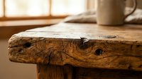 Rustic wooden table edge with natural grain patterns and knots in warm sunlit kitchen interior with coffee cup and window creating cozy atmosphere.