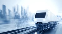 Modern high-speed train on digital railway track with data stream visualization and city skyline background showing smart transportation technology.