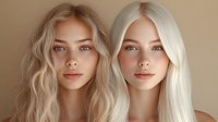 Young blonde women with natural makeup and wavy platinum hair styles pose together against neutral background, showcasing modern beauty and skincare aesthetics.