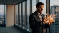 Professional businessman using holographic technology interface in modern office with city skyline view during golden hour for business innovation concepts.