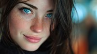Young Caucasian woman with striking blue eyes and freckles smiling warmly at camera. Natural beauty portrait with soft lighting for lifestyle content.