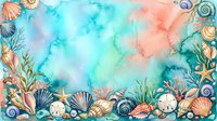 Watercolor ocean frame with seashells, coral and marine life border on colorful blue green background for summer beach design projects.