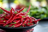 Fresh red hot chili peppers in black bowl on wooden table with blurred garden background for cooking and spice preparation.