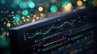 Digital financial graph showing market trends with glowing green line chart against dark background with bokeh lights and defocused golden particles.