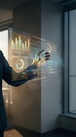 Businessman in dark suit interacting with holographic data analytics display showing golden bar charts, pie charts, and financial metrics in modern office environment with natural light.