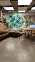 Hand holding glowing neon geometric orb with interwoven pattern in modern office workspace. Futuristic technology concept for business innovation and digital transformation projects.