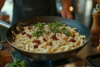 Creamy penne pasta with crispy bacon bits and fresh herbs in rustic pan, topped with parmesan cheese and microgreens on wooden surface.