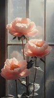Three coral peonies with lush petals arranged in a vase by a sunlit window, casting soft shadows. Perfect for home decor, floral design, and botanical artwork projects.