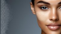 Young mixed race woman with foundation makeup swatches on cheek, glowing skin and natural glossy lips against dark background with digital dots pattern.