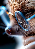 Close-up macro shot of blue eyeglasses frame against brown fur or hair with selective focus, creating artistic composition with blurred background elements.