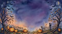 Watercolor Halloween night scene with jack-o-lanterns, bats, bare trees, black cat, and crescent moon framing a purple sky copy space.