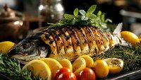 Grilled whole fish with herb garnish and citrus slices on serving platter. Restaurant quality seafood dish with rosemary, mint and lemon presentation.