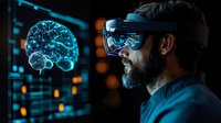 Bearded man wearing augmented reality headset observing glowing holographic brain projection in dark room with blue technology interface and bokeh lights.