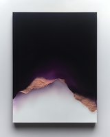 Minimalist abstract mountain silhouette with rose gold metallic texture against dark background, creating dramatic contrast and ethereal purple glow effect.