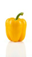 Fresh yellow bell pepper with green stem isolated on white background, suitable for food, cooking, nutrition, and healthy eating design projects.