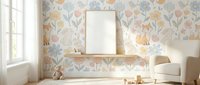 Modern living room interior with blank picture frame on floating wooden shelf against floral wallpaper, white sofa and natural lighting for mockup design.
