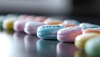Pastel macarons with love message text arranged in row on reflective surface, selective focus on blue macaron. Sweet romantic food photography.