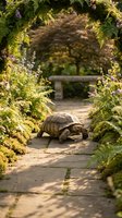 Tortoise walking through lush garden archway with flowering vines and stone pathway, creating serene landscape for nature and wildlife themes.