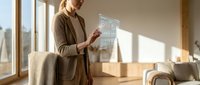 Young Caucasian businesswoman using futuristic transparent tablet with holographic data charts in modern bright living room interior.