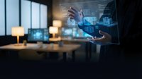 Businessman using holographic interface technology with digital data visualization in modern office environment for futuristic business presentations.