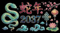 Isolated green and gold serpent with 2037 text, cherry blossoms, lantern, lotus flower, and traditional Asian ornaments on transparent background. Ready for t-shirt design, clipart, stickers, and print-on-demand products.