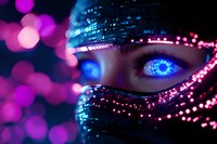 Futuristic close up of glowing blue eyes with digital patterns and pink bokeh lights, woman wearing dark face covering in cyberpunk style for sci-fi concepts.
