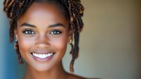 Young African American woman with natural dreadlocks hairstyle and bright white smile against blurred background, showcasing genuine happiness and confidence.