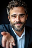 Confident middle-aged businessman with salt and pepper beard wearing dark suit extends hand for handshake against black background, expressing warmth and professionalism.