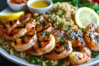 Grilled seasoned shrimp served over fluffy quinoa with fresh herbs, lemon wedges, and olive oil dressing on gray plate, close up view of Mediterranean cuisine.