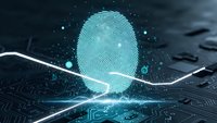 Digital fingerprint hologram floating above circuit board with glowing blue light effects and data streams for cybersecurity and biometric authentication concepts.