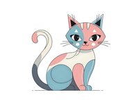 Cute cartoon cat with pastel pink and blue colors sitting gracefully. Adorable feline character with geometric patterns for children designs and pet lover projects.