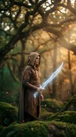 Fantasy elf warrior with glowing sword standing in enchanted forest with magical light rays and sparkling particles for gaming and storytelling content.
