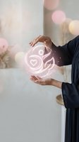Woman hands protecting glowing pink holographic sphere with wellness icons heart leaf sparkles magical energy healing concept for healthcare meditation apps.