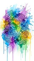 Colorful watercolor brain with intricate doodle patterns and paint splatters on white background for creative design projects and mental health concepts.