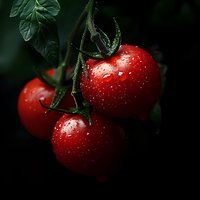 Fresh ripe tomatoes with water drops on dark background, dramatic lighting highlights red fruit and green stems, natural organic produce photography.