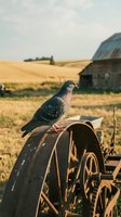 Pigeon perched on rusty farm equipment wheel in golden wheat field with weathered barn and rolling hills in background, rural agricultural landscape.