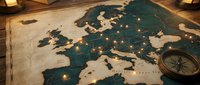 Vintage world map with glowing lights marking locations across continents, compass and warm candlelight creating atmospheric travel planning scene.