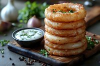 Crispy golden onion rings stacked on wooden board with fresh herbs and creamy dipping sauce, black peppercorns scattered around on dark background.