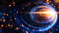 Glowing spiral of blue and orange light particles creating dynamic motion effect against dark background, abstract cosmic energy visualization.