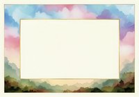 Watercolor landscape frame with mountains and colorful sky border, blank center space for text or design elements, artistic natural scenery background.
